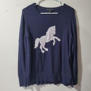 Ann Taylor Navy Blue Sweater with White Horse Design